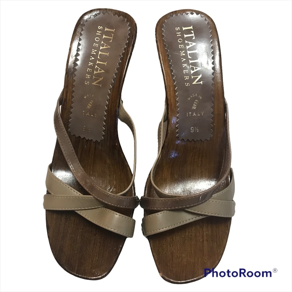 Italian Shoemakers | Women’s Open Toed Wooden Heels | Tan Straps | Size 9.5